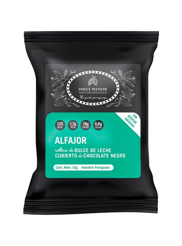 Alfajor Sin Azúcar - Cubierto de Chocolate Belga Negro y relleno de dulce de leche
